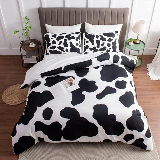 3-delig koeienbeddengoed, 135 x 200 cm met koeienvlekken, hoogwaardig 100% microvezel, dekbedovertrek met 2 kussenslopen van 80 x 80 cm, superzacht cow print, dekbedovertrek met ritssluiting