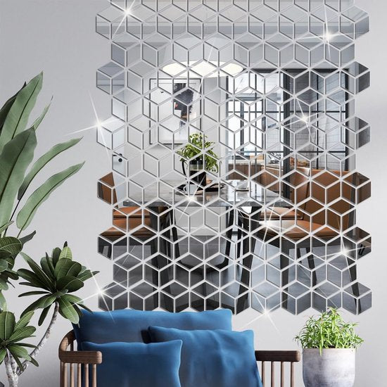 24 stuks zelfklevende 3D acryl wandspiegel, 14 x 8 cm, afneembare driehoekige doe-het-zelf spiegelstickers, tegelstickers, voor woonkamer, slaapkamer, huis (zilver)