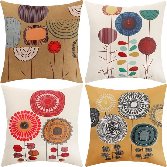 Kussensloop 45 x 45 cm, boho-kussenslopen, set van 4, decoratieve kussenslopen voor bank, kantoor, auto, slaapkamer, thuis, decoratie (bloemen-linnen)