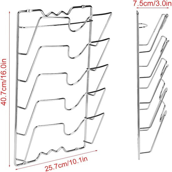 Pandekselhouder, verticale potdekselhouder muur, praktisch accessoire voor 5 deksels in verschillende maten, organizer voor pannendeksel, 43,4 x 27,8 x 9,7 cm