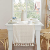 Wasbare tafelloper linnen 1 stuk vierkante tafelloper beige modern geruit opengewerkte tafelloper boho decoratie voor keuken/eetkamer, 40 x 240 cm