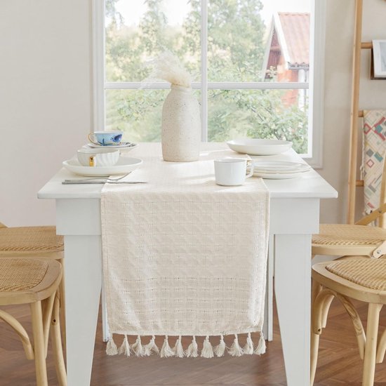 Wasbare tafelloper linnen 1 stuk vierkante tafelloper beige modern geruit opengewerkte tafelloper boho decoratie voor keuken/eetkamer, 40 x 240 cm