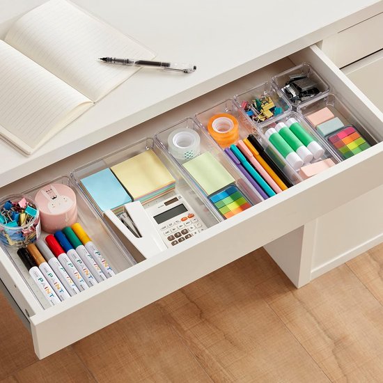 11 stuks lade-organizer van helder kunststof, bureau-ladeverdeler, tablets, commode, opbergdozen, scheidingsdoos voor make-up, sieraden en gadgets, slaapkamer, badkamer, kantoor