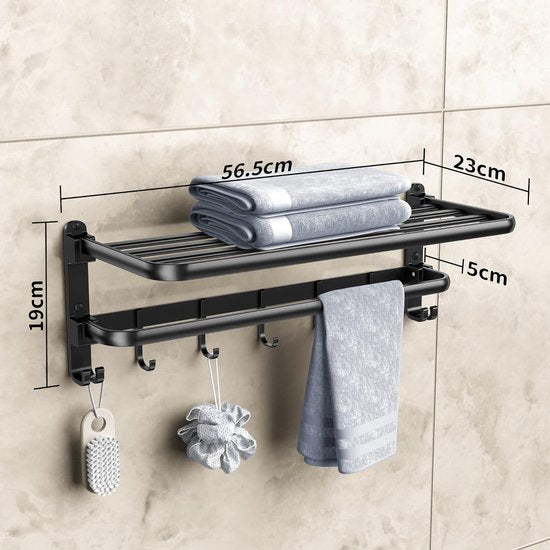 Towel Holder No Drilling Required, 56.5 cm Wall Mounted Bath Towel Holder with 7 Hooks, Can be Drilled or No Drilling Bath Towel Holder, Matt Black Towel Rails