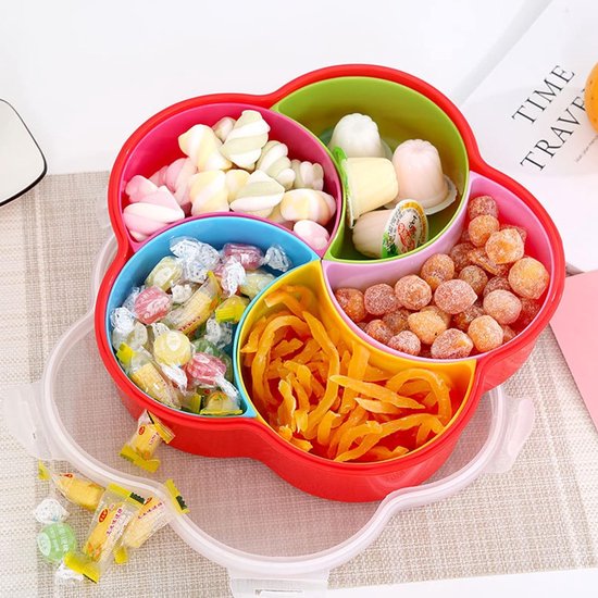Snacks-opbergdienblad, snack opbergdoos met deksel, bloemenvorm, snack, dienblad, bloemenvorm, snoepdoos, uitneembare vakken met deksel, kunststof, 5 vakken, droogfruitbord