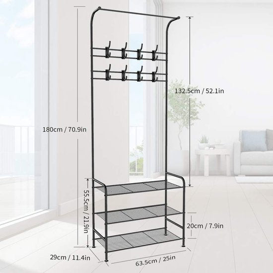 Gaderobe kapstok met haken, robuuste metalen kledingstandaard, kapstok met bank, multifunctioneel kledingrek voor de slaapkamer, kapstok met schoenenrek