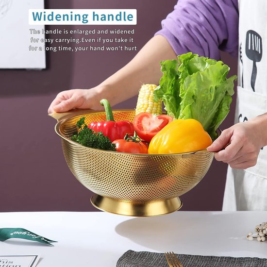 Gold Colander 5 kwart, professionele titanium goud plating roestvrijstalen zeef met heavy duty handgrepen en zelfdragende vaste ringbasis, eenvoudig te reinigen en vaatwasmachinebestendig
