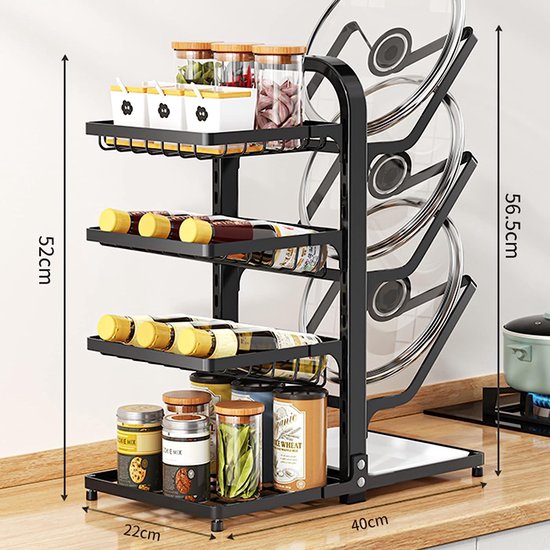 Kruidenrek, staand kruidenrek, 4 etages, 2 pannendekselhouders en 1 snijplankhouder voor keukenopslag, keukenorganizer, pannenhouder, multifunctioneel keukenrek, dekselhouder, zwart
