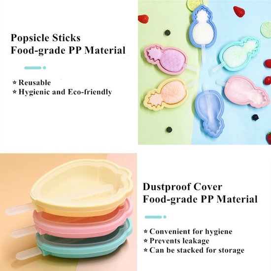 Set van 6 siliconen ijsvormpjes, stapelbare ijsvormpjes, diverse kleuren, ijsvormpjes, set BPA-vrije ijsvormpjes met deksel, ijsvormpjes (3 ananas + 3 aardbei)