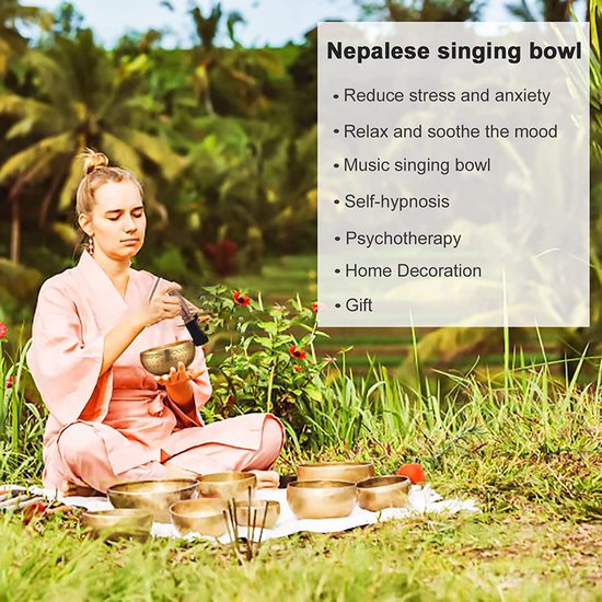 UNIDEAL Tibetaanse klankschaalset, Singing Bowl uit Tibet met klepel en klankschaalkussen, wordt geleverd met 2 belofte koperen ornamenten, handgemaakt in Nepal, voor yoga meditatie, ontspanning