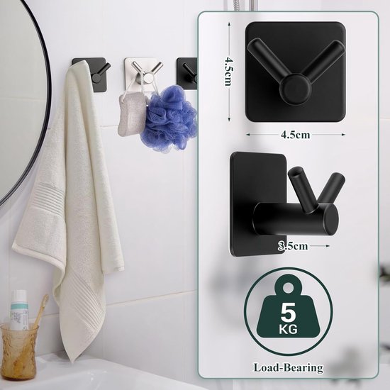 Handdoekhaken, handdoekrail, 4 stuks, zonder boren, zelfklevende haken, badkamer roestvrijstalen haken met twee schakels, stijlvolle muurhaken, extra sterke zelfklevende haken, geschikt voor thuis, badkamer, kantoor
