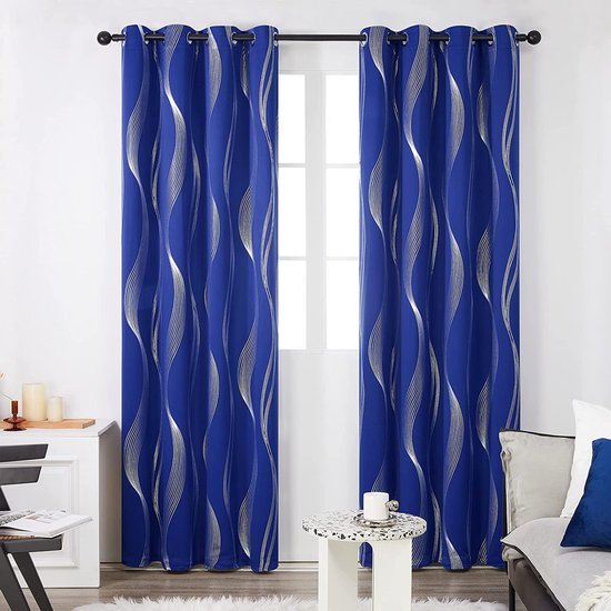 Deconovo Verduisteringsgordijnen met Ringen, Gordijn Warmte-isolerend met Zilver Strepen voor Slaapkamer, 117x229 cm (B x H), Royalblauw, 2 stuks