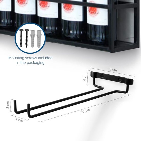 Joejis Rek set zwart van 2 - 30 cm voor 4 wijnglazen - Gestroomlijnde en moderne glazen houder wijnrek set van roestvrij ijzerdraad voor onderkast of bar