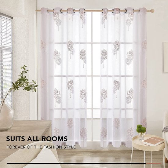 Gordijnen Transparant met Ringen, Doorschijnend Gordijnen Bladeren Roze+Wit Gordijnen voor Kinderen Kamer Slaapkamer, 140x290 cm (B x H), set van 2