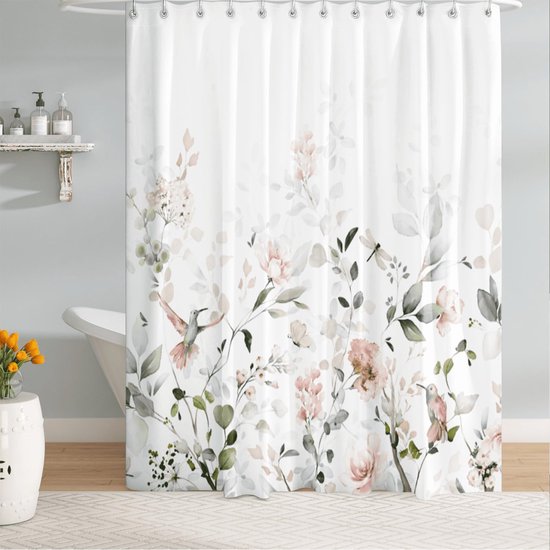 Douchegordijn licht groene plantenbladeren delicate roze bloemen en vogel libellen en vlinderpatroon Hoge kwaliteit douchegordijn gemaakt van 100% waterdicht polyester Afmetingen: 180x200cm