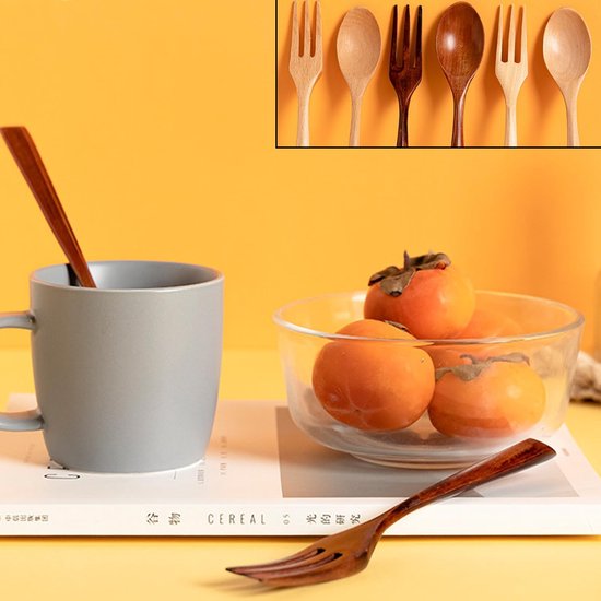 Pak van 6 houten bestekvorkenlepels, kleine vorkenlepels hout, houten keukengerei in Janpanese stijl, cakelepel en vorkset, dessertvorken en lepels, voor keuken thuis restaurant buiten