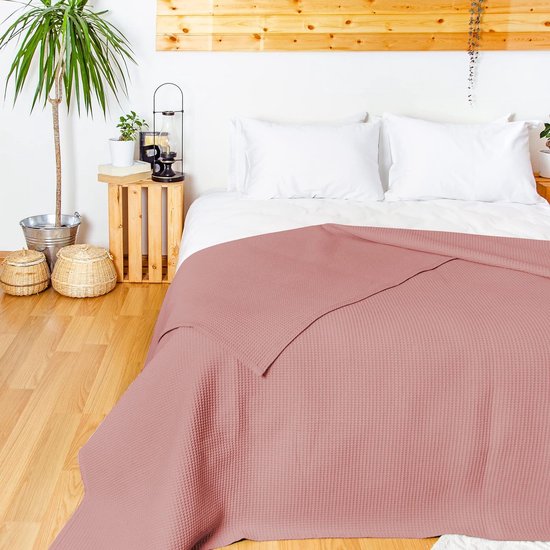 Premium bedspread 220 x 240 cm XXL - waffle piqué 100% katoen - lichtgewicht woondeken met wafelpatroon - katoenen bedsprei, banksprei - bankdeken (oudroze)