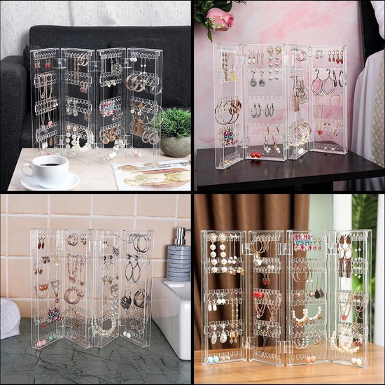 Opvouwbare acryl sieraden organizer - 5 lagen en 4 panelen voor het opbergen van oorbellen, armbanden en kettingen - biedt plaats aan 128 paar oorbellen - helder transparante sieraden organizer