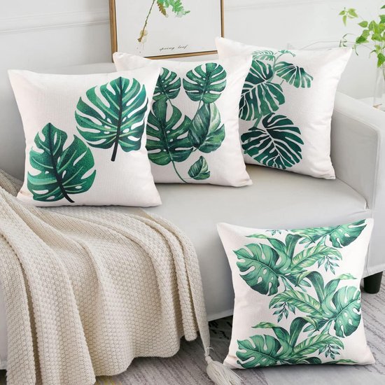 Kussenhoes 40 x 40 cm, set van 4, groene tropische plant, decoratieve bankkussenhoes, zachte kussenhoezen, buitenkussen voor tuinmeubelen (imitatielinnen)