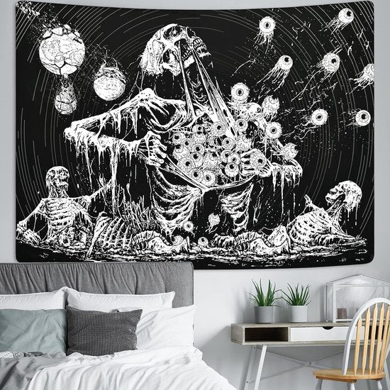 wandtapijt, ogen, wanddoek, menselijk skelet, wandtapijt, zwart-wit, esthetisch, hippie, gotisch wandtapijt voor slaapkamer, woondecoratie, wanddoeken, 150 x 130 cm