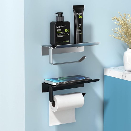 Space aluminium toiletrolhouder met ruime planken, toiletrolhouder wandhouder voor toilet en keuken, zonder boren met plank (zwart)