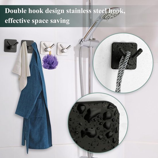 Handdoekhaken, handdoekrail, 4 stuks, zonder boren, zelfklevende haken, badkamer roestvrijstalen haken met twee schakels, stijlvolle muurhaken, extra sterke zelfklevende haken, geschikt voor thuis, badkamer, kantoor