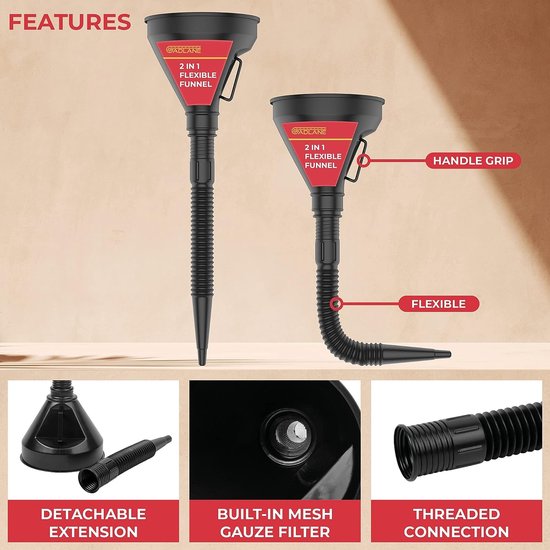 2-in-1 kunststof trechter met uittrekbare flexibele uitloop, set van 2 trechters voor auto voor benzine, diesel, ruitenwasvloeistof, adblue, water, olie, brandstof, koelvloeistof, 2 stuks