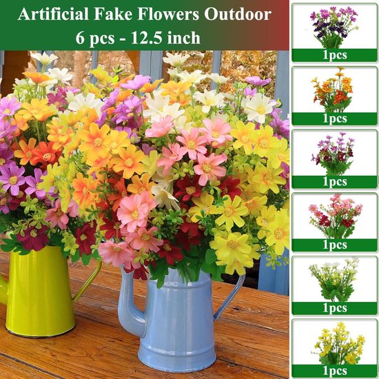 Kunstbloemen, 6 bundels kunstmadeliefjes, plastic bloemendecoratie, uv-bestendige bloemen voor binnen en buiten, hangende planten, tuin, porch, raambox, thuis, bruiloft