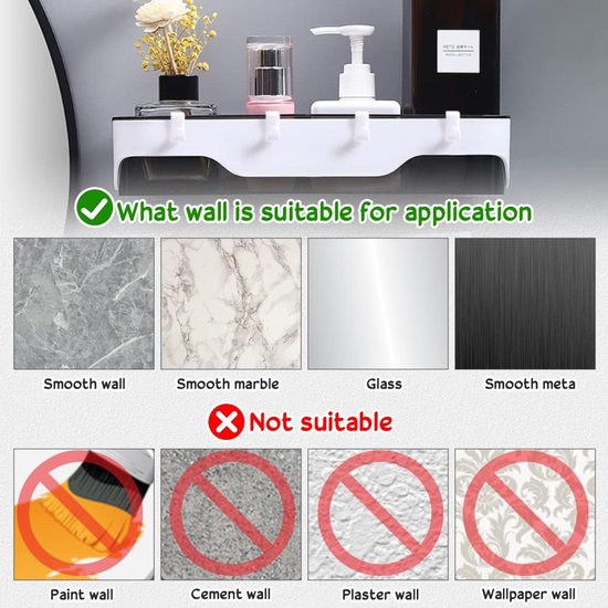 2 stuks badkamerrekken, doucheplank, zonder boren, wandrek, badkamer, zelfklevend, doucheplank, plastic douchemanden met 4 haken, badkamerrek, badkamerrek, zonder boren, plank voor