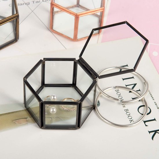 Glazen juwelendoos, geometrische ringdoos, opslag, decoratie, bloemen, sieraden voor woonkamer, Moederdag, bruiloft, 8 x 7 x 4,5 cm (zwart)