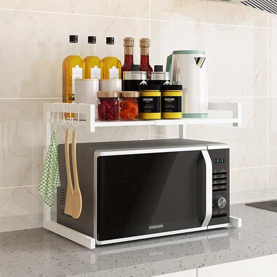 Magnetronstandaard/rek, magnetronhouder, magnetronstandaard, magnetronstandaard/organizer met 3 haken, magnetronhouder/rake in grootte verstelbaar (wit, klassiek)