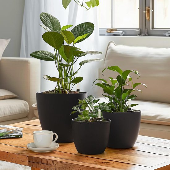 Zelfwater gevende plantenpot met waterindicator, set van 4, met wateropslag, voor gebruik binnen en buiten, 15 cm, zwart