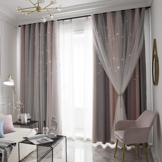 Curtains Pink Grey Shiny Stars, Opaque, Children's Room, Semi-Transparent, H 130 x W 100 cm Eyelet Set of 2 Girls' and Children's Curtains, Blackout, Living Room