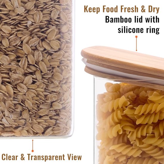 Set van 6 voorraadpotten met deksel, rechthoekig, 1000 ml/280 ml/220 ml, glazen voorraadpotten, kruidenpotjes met houten deksel, opbergpotten voor specerijen, pasta, meel, cornflakes