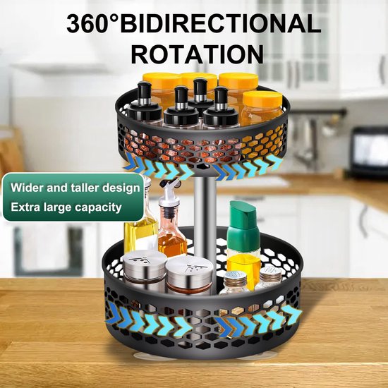 Draaitafel Organizer 360° Lazy Susan Draaibare Staande Spice Black Spice Organizer 2 Lagen RVS Kruidenrek Keuken Houder Geen Boren voor Keuken Organizer Opslag