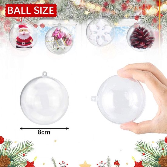 Pack of 20 Christmas Tree Baubles 8 cm Transparent Christmas Baubles Filling Christmas Tree Baubles Transparent Acrylic Balls Separable Plastic Baubles Fillable Plastic Baubles Christmas