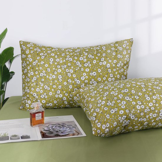 Set van 2 kussenslopen, 100% katoen, 400 draad, ademende kussenovertrek, hoofdkussensloop, gebloemd groen, 50 x 75 cm