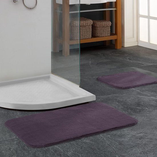Badmat, 2-delig, absorberend badkamertapijt, wasbaar, waterdichte badmat, badmatset, deurmat 60 x 100 cm en 60 x 50 cm, pruim