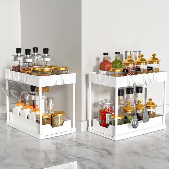 spoelbakorganizer, 2 stuks, ondergootsteenorganizer, uittrekbaar opbergrek, organizer met 16 haken, wit