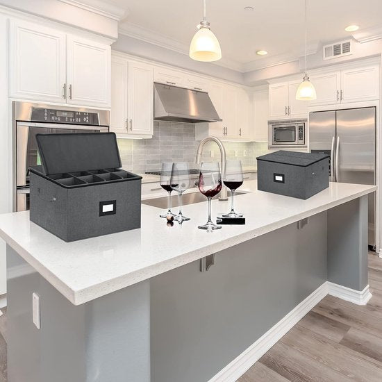 Opbergdoos voor wijnglazen, 2 stuks, bewegende glashouder voor wijnglazen, vouwdoos met scheidingswanden, glazen, opslag voor 24 kristalglaswerk, kristalglaswerk (44 x 33 x 25 cm, donkergrijs)