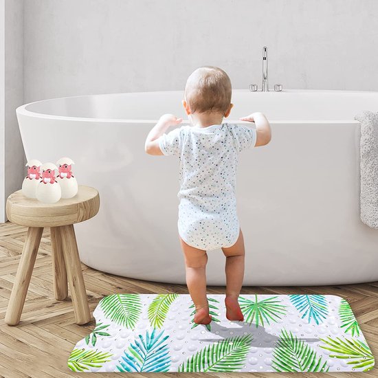 Antislip kinderbadmat, 100 x 40 cm, groen blad afbeelding badmat met 200 zuignappen, antislip, schimmelbestendig, machinewasbaar