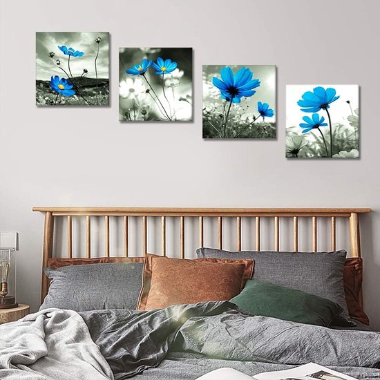 4-delige canvasafbeeldingen met blauwe bloemenmotief, kunstdruk, moderne muurfoto voor badkamer, woonkamer, wanddecoratie - 30 x 30 cm