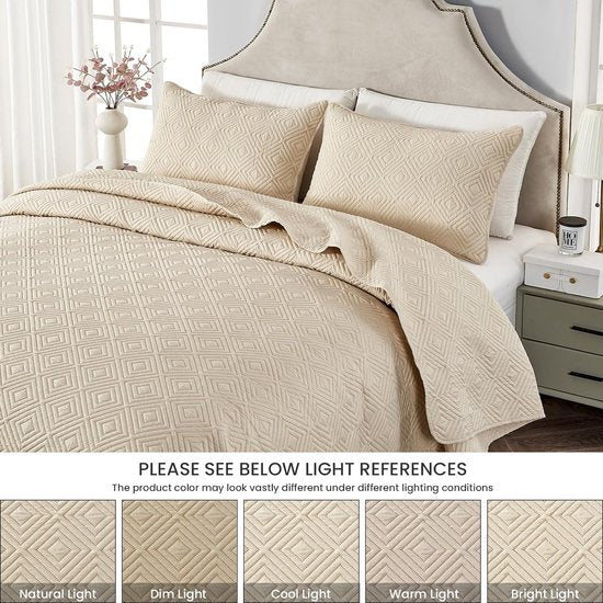 Sprei, bedsprei, 220 x 240 cm, beige, sprei gemaakt van microvezel, bedsprei, set met 2 kussenslopen van 50 x 75 cm.