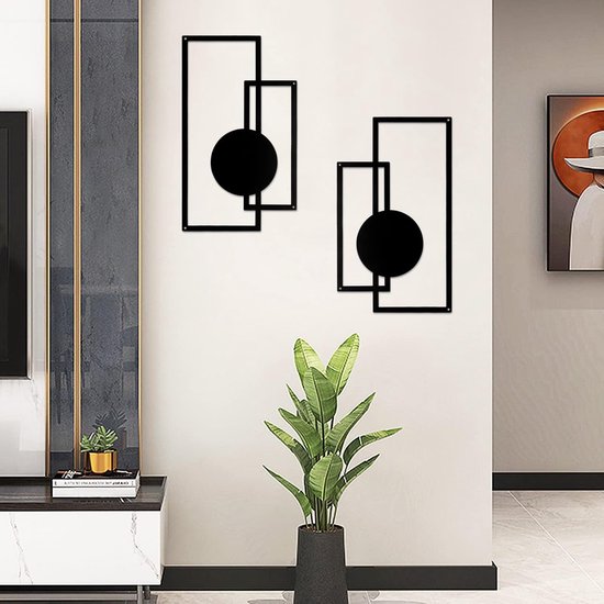 2 stuks metalen wanddecoratie, metaal, geometrische wanddecoratie, zwart metaal, minimalistische wanddecoratie, metaal, verticale abstracte muurkunst voor thuis, woonkamer, slaapkamer (geometrisch)