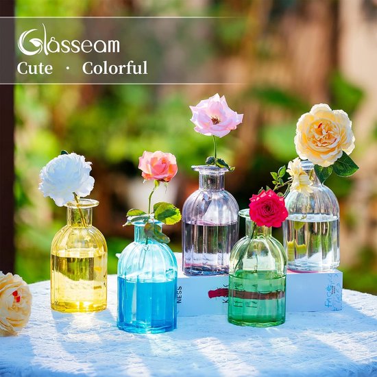 Kleine vazenset, glazen vaas, 6 stuks, mini-bloemenvaas, grijs, vintage, glas, rond, glazen vazen, flessenvaas, kleurrijk, klein geribbeld, tafelvaas, vazenset, glazen fles, decoratie voor