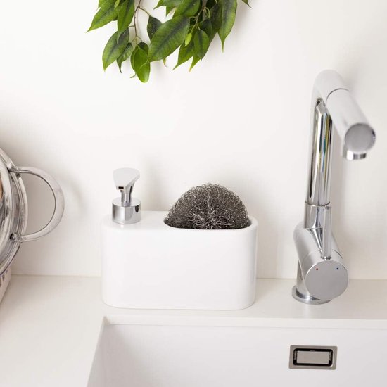 Afwasmiddel Dispenser voor de keuken, witte keramische zeepdispenser, afwasmiddeldispenser, afwasmiddeldispenser en zeepdispenser, ideaal als afwasmiddeldispenser voor de keuken, 18 x 6 x 15,8 cm