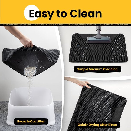 Kattenbakmat, hoogwaardige dubbellaagse waterdichte kattenmat, honingraatpatroon om de strooiverdeling te regelen, eenvoudige reiniging voor de kattenbakmat (zwart, groot, 76 x 61 cm)