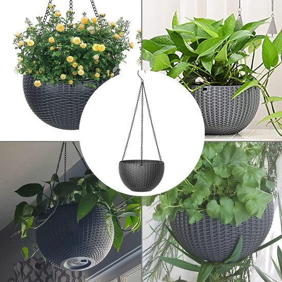 Hangende mand, 1 stuks hangende bloempot, plastic hangende manden, hangende plantenbakken, hangende plantenpotten met ketting, afvoergat voor binnen- en buitenplanten, bloemplafonds, balkons, grijs