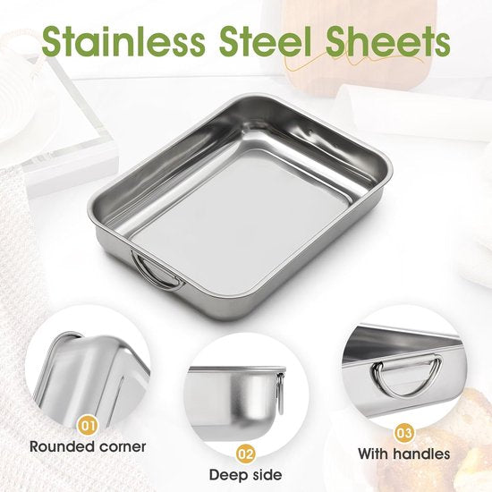 Ovenschaal 30 cm, bakvorm roestvrij staal, rechthoekig, ovenvorm met handgrepen, rechthoekige bakplaat, gezond en gemakkelijk te reinigen