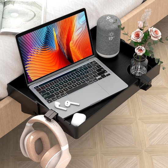 Inklapbaar nachtkastje, bedplank stapelbedrek voor studentenhuis, bedplank voor kinderen, met bekerhouder haken, 28,5 x 42 cm, zwart